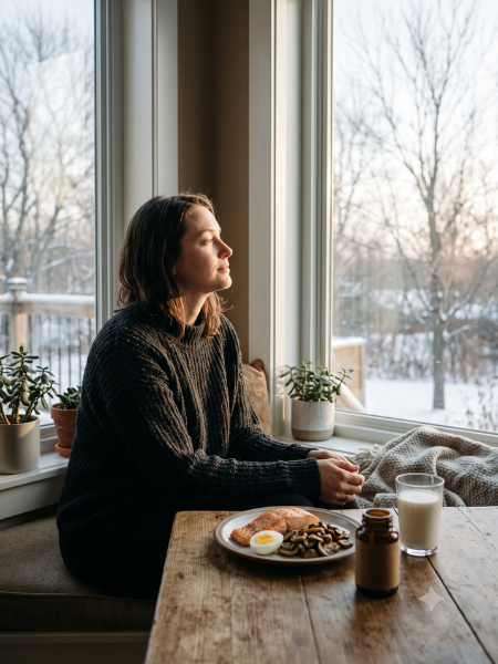 Vitamin D deficiency in winter, showing fatigue, joint pain, sunlight and Vitamin D-rich foods