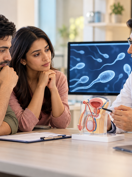 Couple discussing male fertility and sperm health with a specialist
