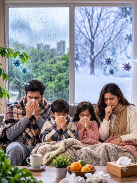 Family staying protected from seasonal respiratory viruses during monsoon and winter