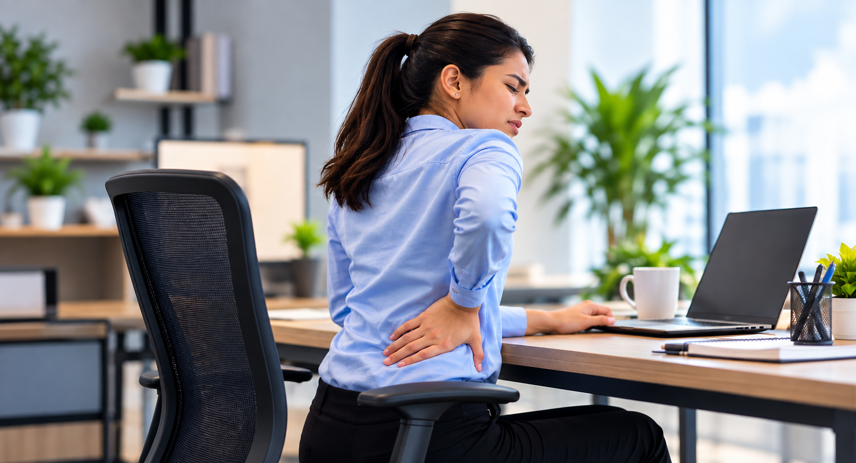 Office worker experiencing slip disc back pain