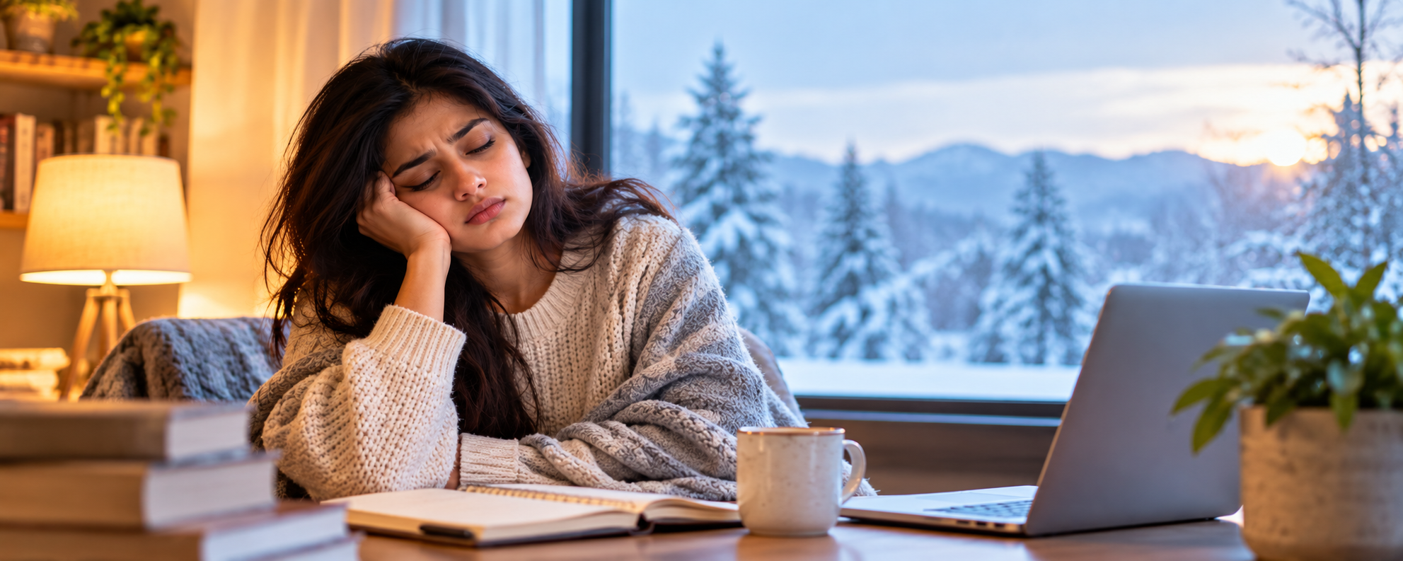  Woman feeling tired and low on energy during winter