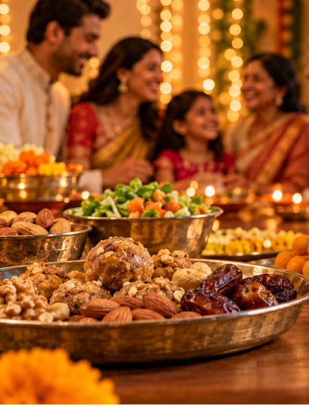 A wide view of a festive Diwali spread featuring balanced, heart-healthy foods and glowing diyas.