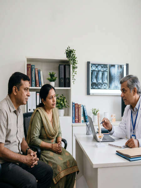 Spine surgery specialist explaining spinal conditions to a patient