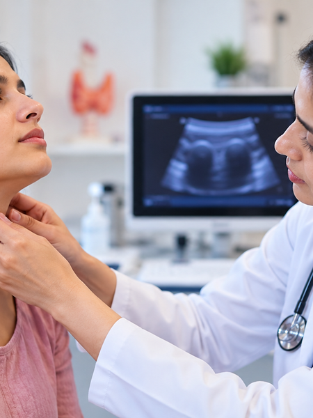 Doctor examining a woman for thyroid cancer symptoms