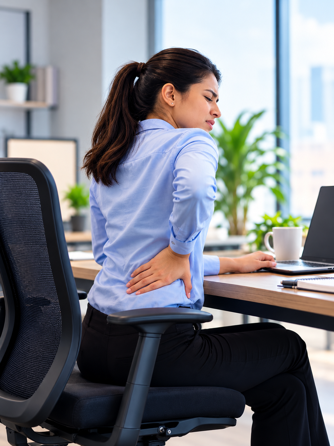 Office worker with lower back pain from prolonged sitting