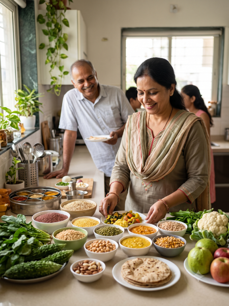 Diabetes-friendly Indian diet with whole grains, dal, vegetables, fruits, nuts, and healthy meals