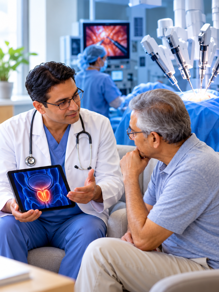 Robotic prostate surgery consultation with doctor and patient