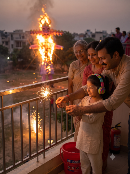 Family safely watching a Dussehra Ravana Dahan and fireworks display from a safe distance