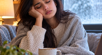 Woman experiencing winter fatigue and low energy indoors