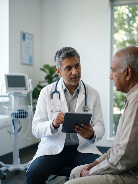 Doctor explaining pulmonary hypertension treatment options, oxygen therapy, and advanced lung procedures to a patient