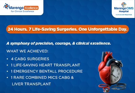 Image showcasing a 24-hour period of 7 life-saving surgeries at Marengo CIMS Hospital, featuring a heart and clock graphic.