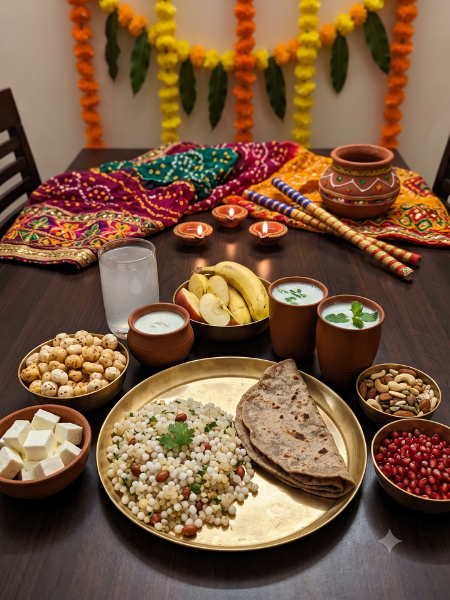 Healthy Navratri diet featuring nutritious fasting foods, fruits, nuts, and hydration tips