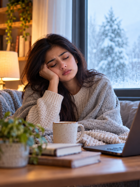  Woman feeling tired and low on energy during winter