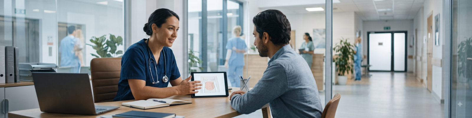 General surgeon discussing common surgical conditions with a patient