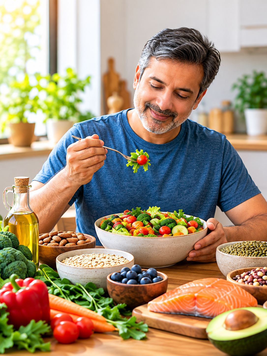 Heart patient following a healthy diet with vegetables, salmon, nuts and whole grains