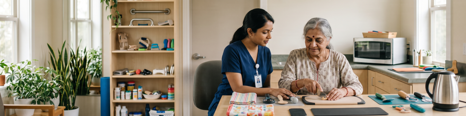 Occupational therapist helping an arthritis patient improve hand mobility and daily activities