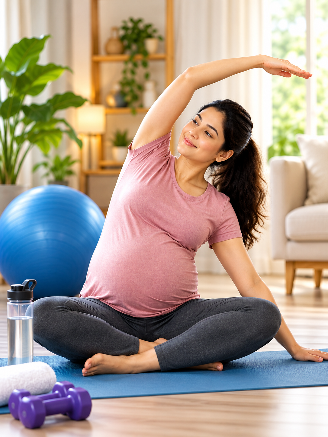 	Pregnant woman practicing safe prenatal exercise at home