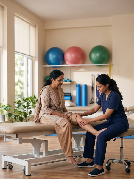 Physiotherapist helping a patient with knee pain through rehabilitation and strengthening exercises
