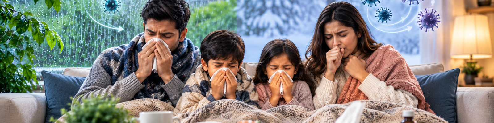 Family staying protected from seasonal respiratory viruses during monsoon and winter