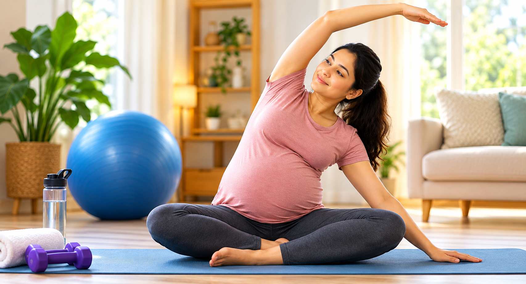 Pregnant woman doing safe prenatal yoga exercise