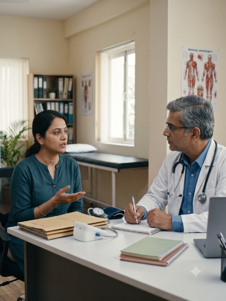 General Physician Explaining Symptoms and Health Checkups to a Patient