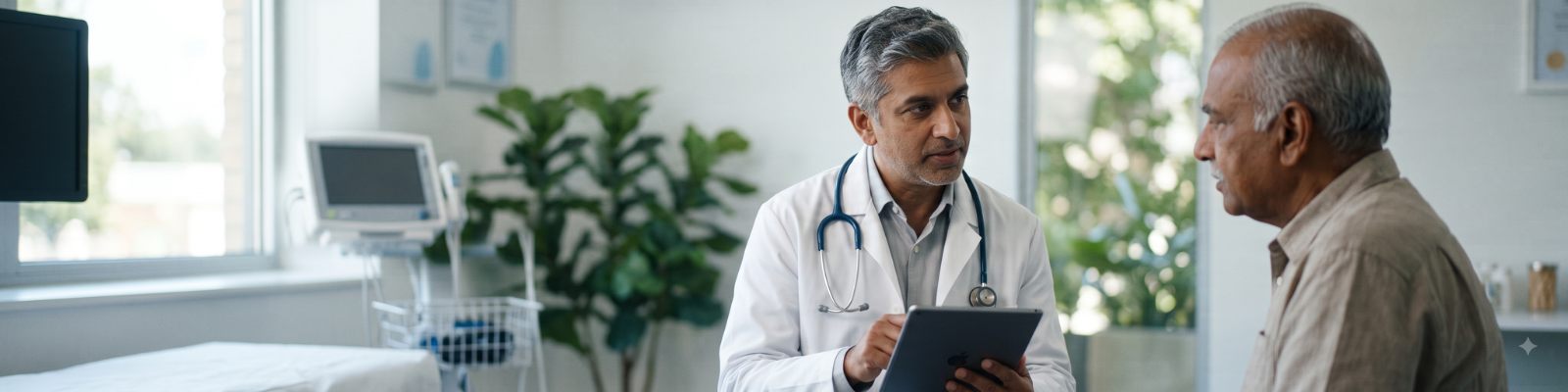 Doctor explaining pulmonary hypertension treatment options, oxygen therapy, and advanced lung procedures to a patient