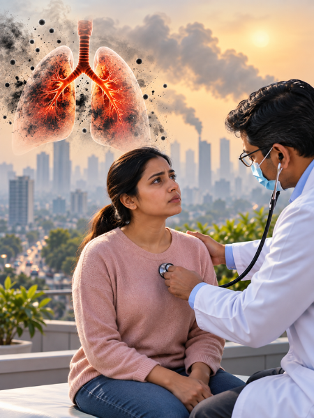 Pulmonologist examining patient with chronic cough caused by air pollution