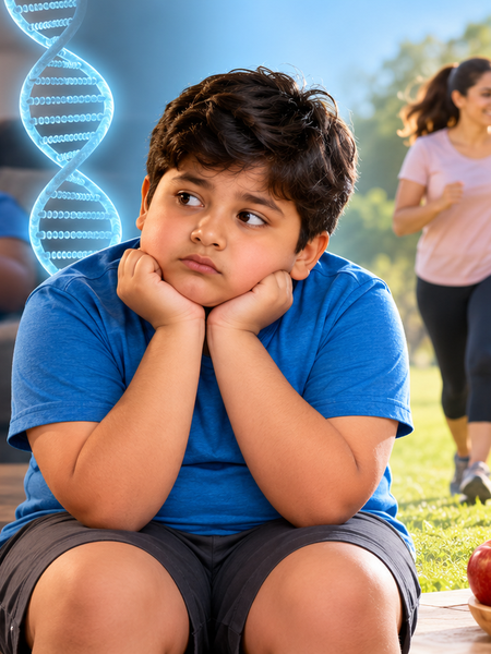 Indian child playing outdoors with healthy lifestyle and genetic obesity factors