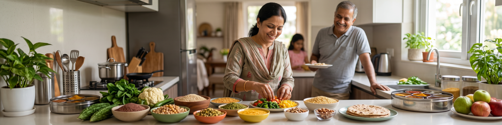 Diabetes-friendly Indian diet with whole grains, dal, vegetables, fruits, nuts, and healthy meals