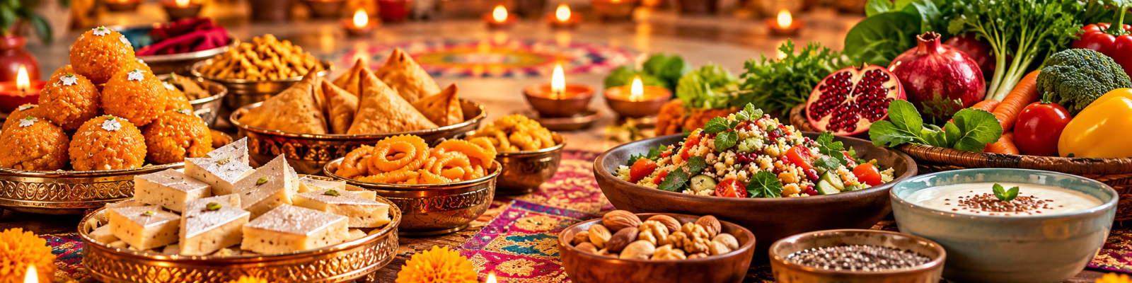 A festive Indian table decorated with diyas and rangoli, featuring a healthy spread of fresh fruits, nuts, and modest portions of sweets