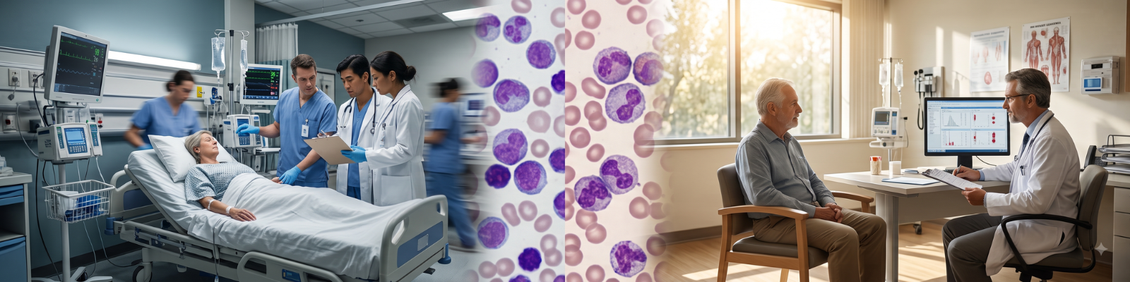 Doctor explaining leukemia diagnosis, blood cell abnormalities, and treatment options to a patient