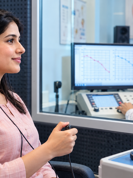 Audiometry hearing test performed in an audiology clinic