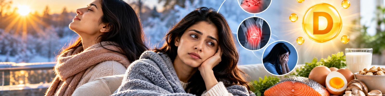 Vitamin D deficiency in winter, showing fatigue, joint pain, sunlight and Vitamin D-rich foods