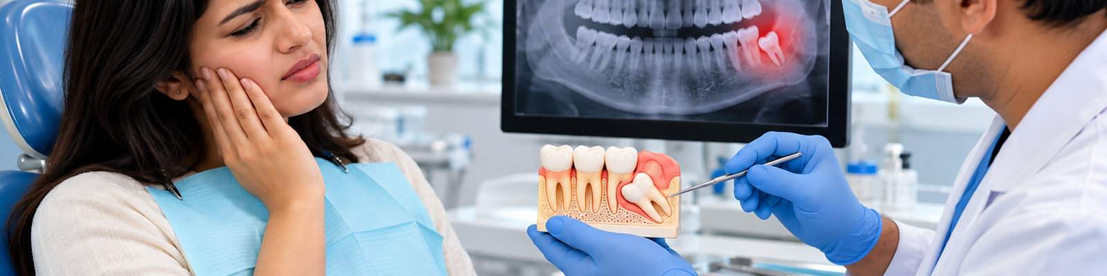 Dentist explaining impacted wisdom tooth removal procedure to patient