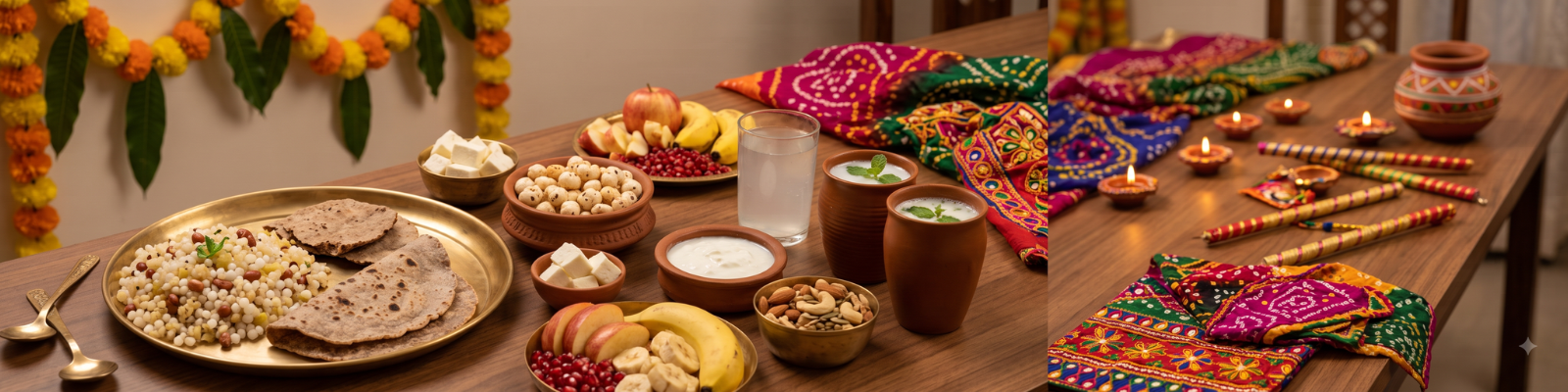 Healthy Navratri diet featuring nutritious fasting foods, fruits, nuts, and hydration tips