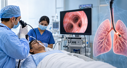 Pulmonologist performing a bronchoscopy procedure on a male patient.