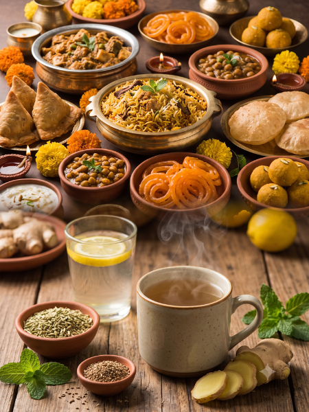 Woman experiencing digestive discomfort after a heavy Dussehra meal