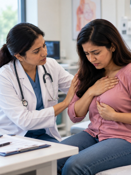 Young Indian woman receiving a breast cancer examination from a doctor