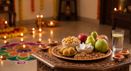 Close-up of heart-healthy Diwali snacks like almonds and roasted makhana next to a glowing diya