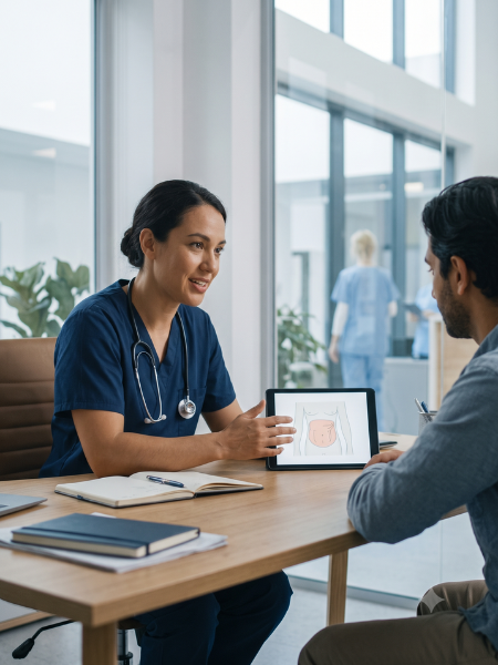 General surgeon discussing common surgical conditions with a patient
