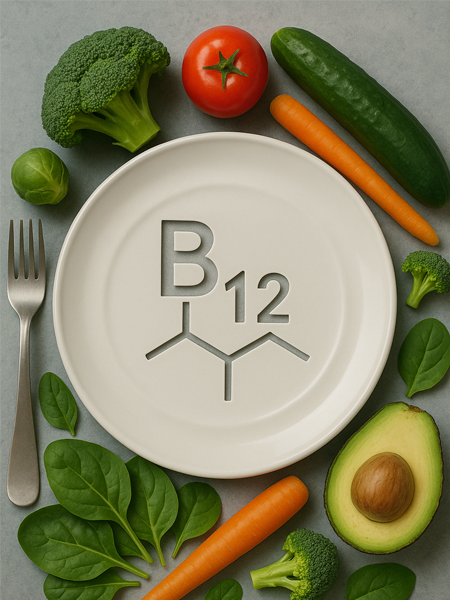 Visual of Vitamin B12 and plant-based foods, highlighting dietary gaps and B12 deficiency as a potential early warning sign of cancer