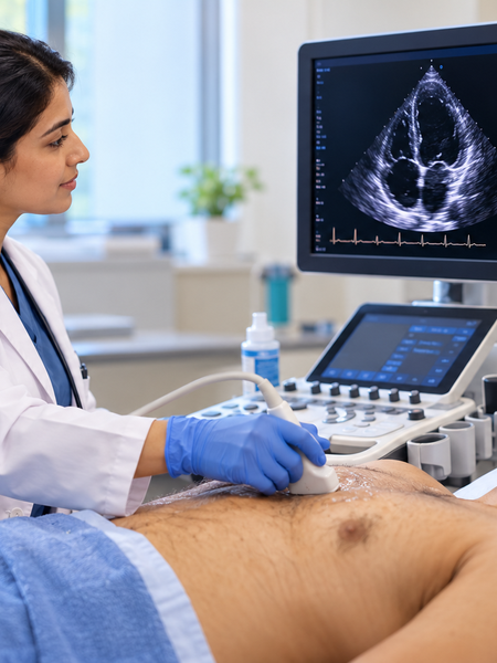 Doctor explaining 2D echo test results to a patient