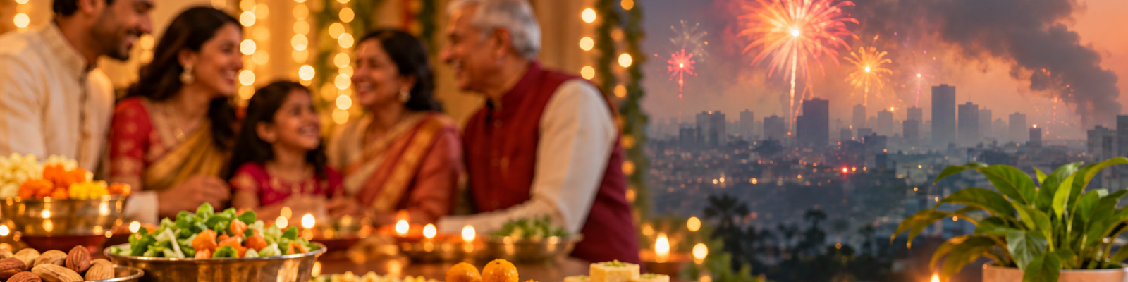 A wide view of a festive Diwali spread featuring balanced, heart-healthy foods and glowing diyas.
