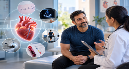 Cardiologist discussing heart disease screening test results with a patient.