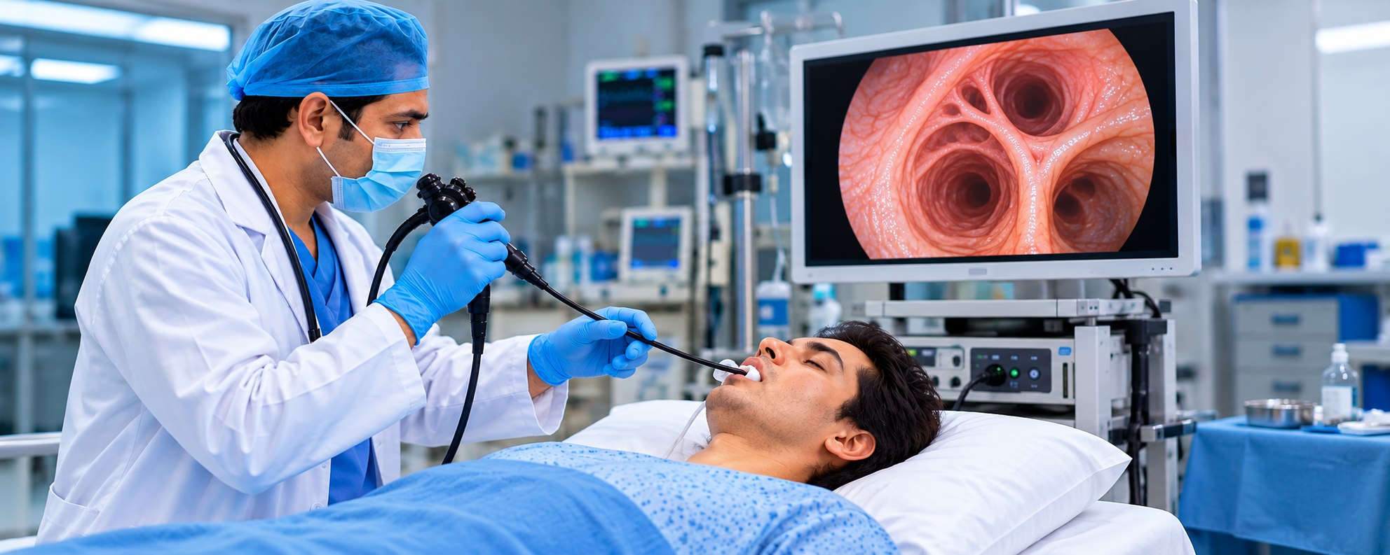 Doctor performing bronchoscopy to examine the airways