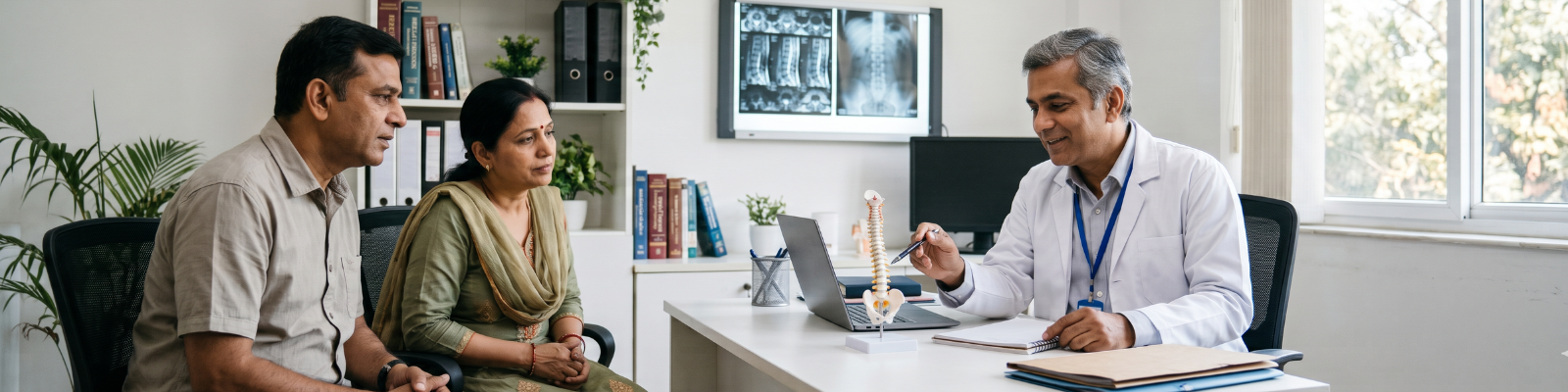 Spine surgery specialist explaining spinal conditions to a patient
