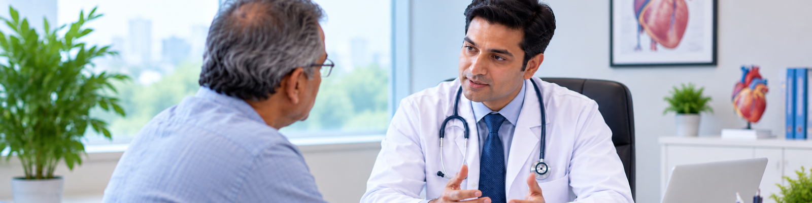 Doctor explaining CABG and angioplasty treatment options to a patient