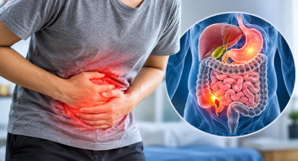 Severe abdominal pain and digestive system illustration