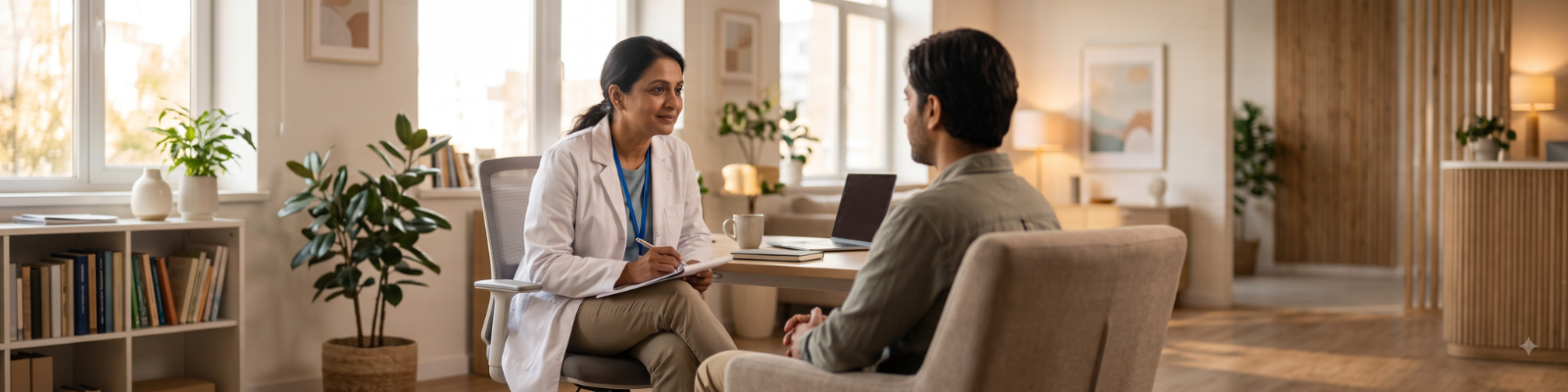 Woman discussing anxiety symptoms and mental health concerns with a psychiatrist at Sunshine Global Hospital, Surat