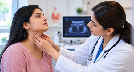Woman undergoing thyroid examination by a doctor